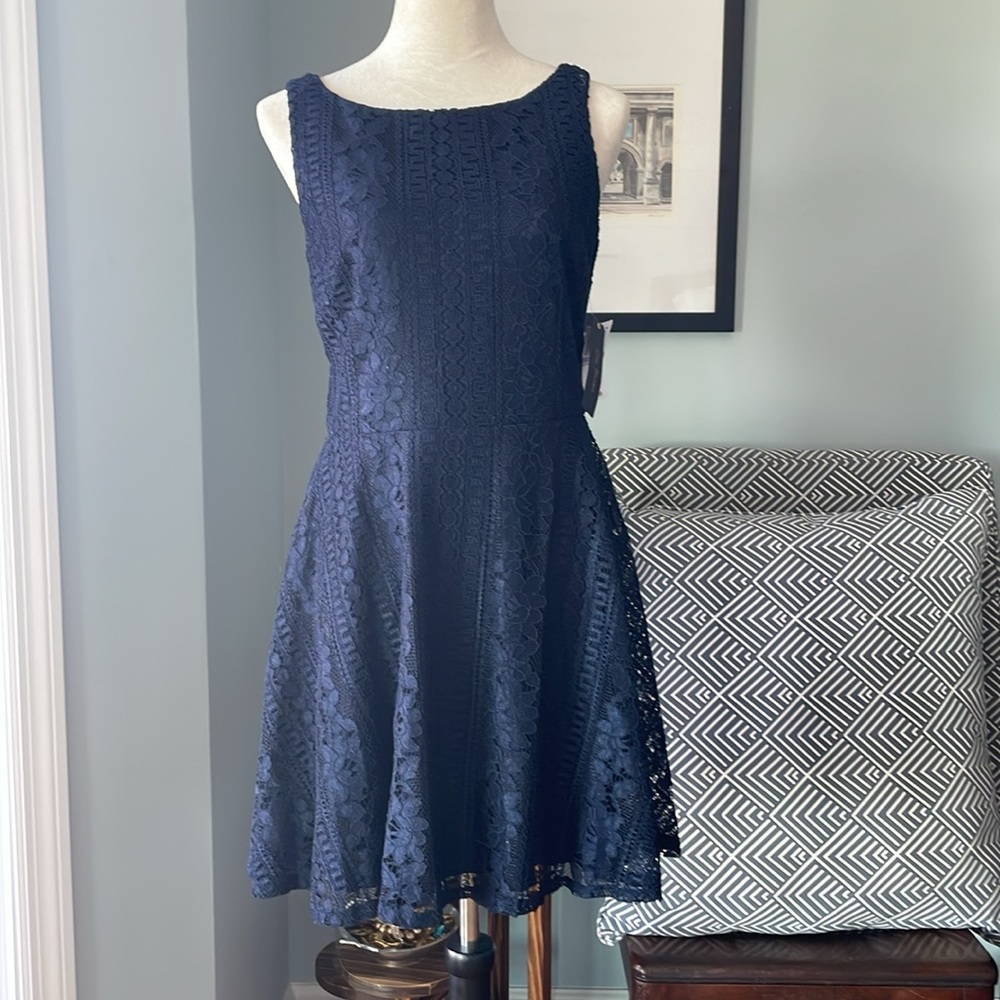 City Studio Classy and Sassy Navy Blue Sleeveless Lace Skater Dress